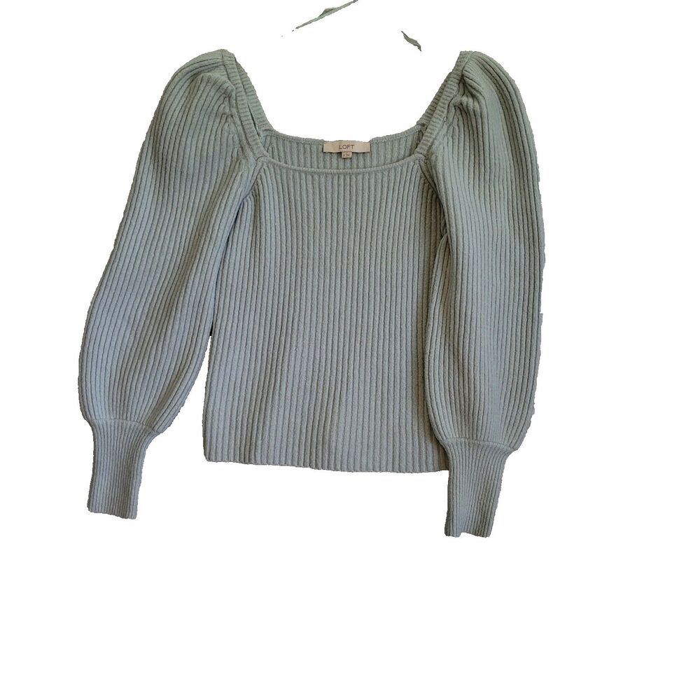 LOFT Women's Medium Green Square Neck Sweater Puff Leg O Mutton Sleeves